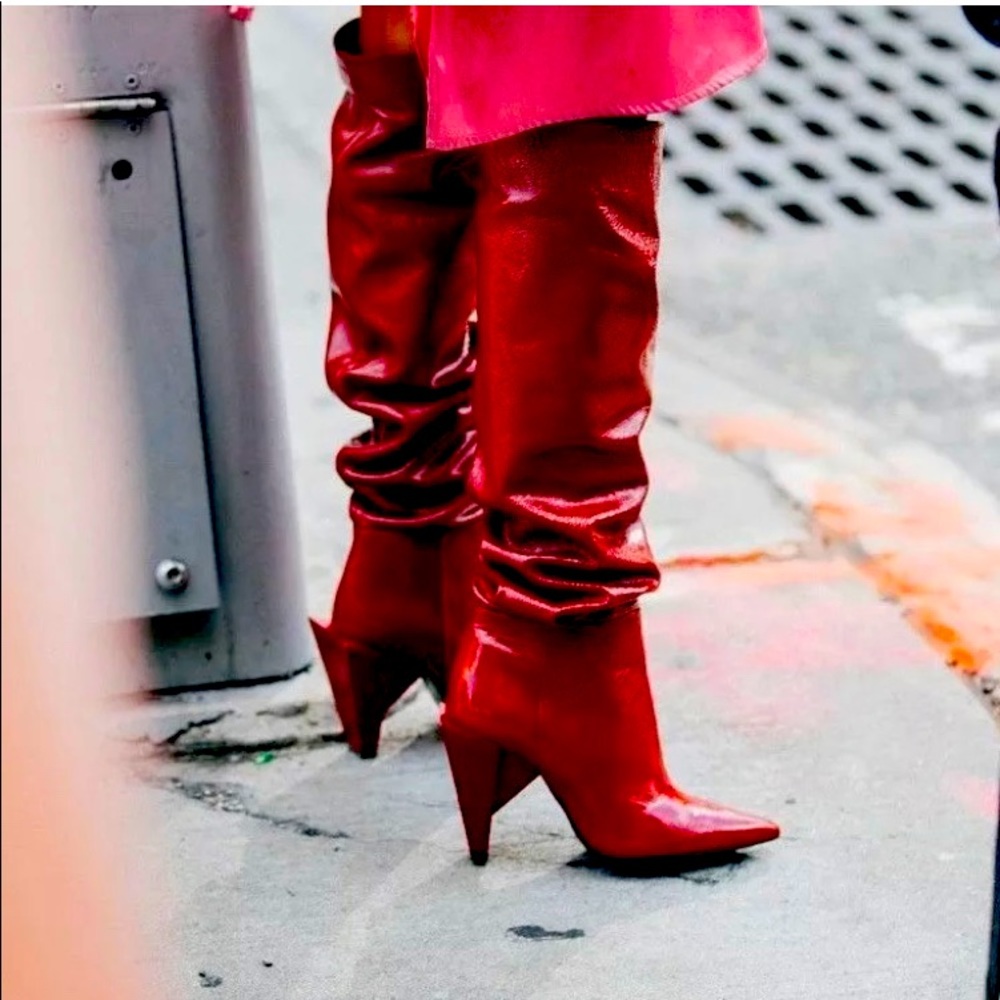 ZARA PATENT LEATHER HIGH HEEL BOOTS RED BURGUNDY